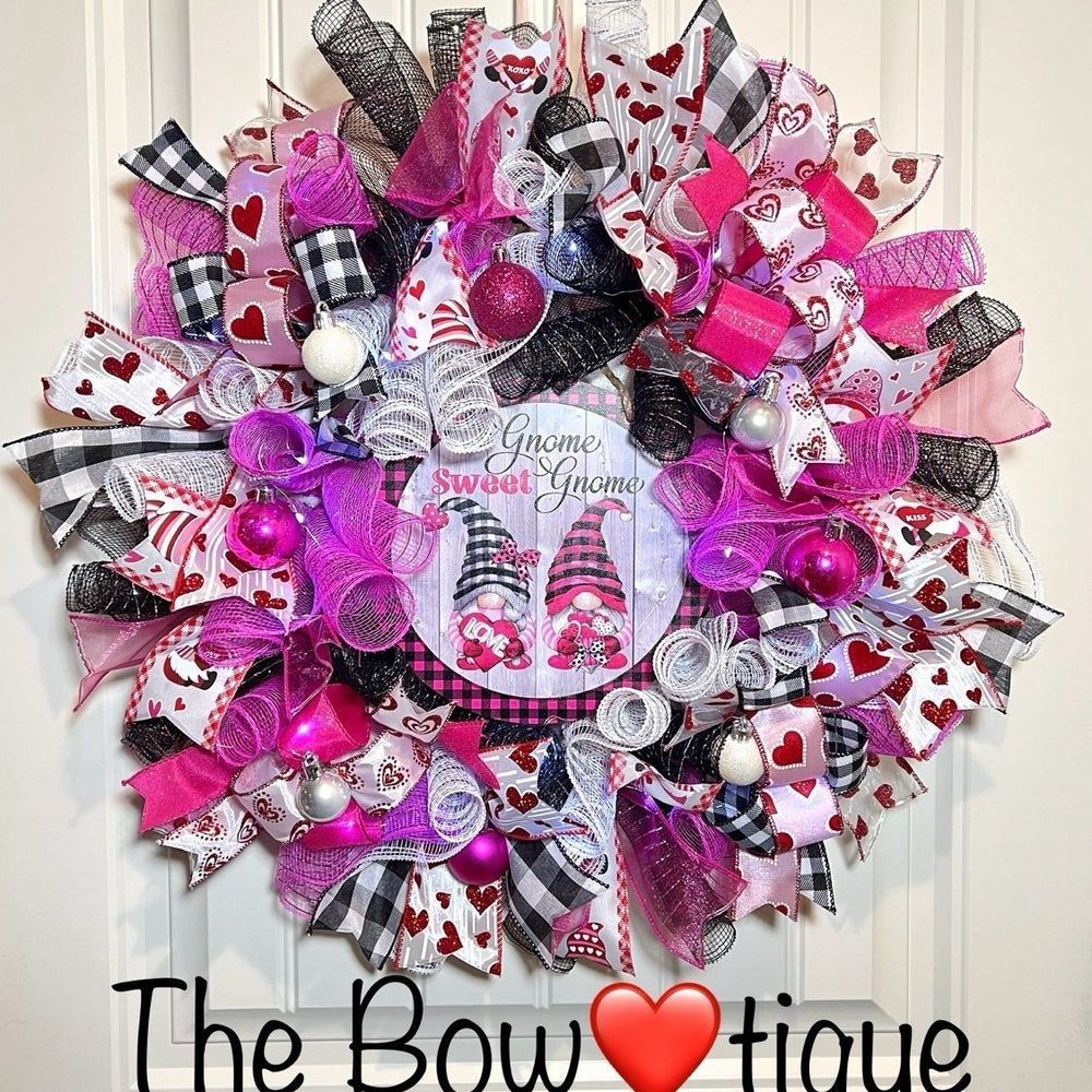 Handmade Valentine’s Gnome Sweet Gnome Ribbon Prelit Wreath 22 ins LED W17